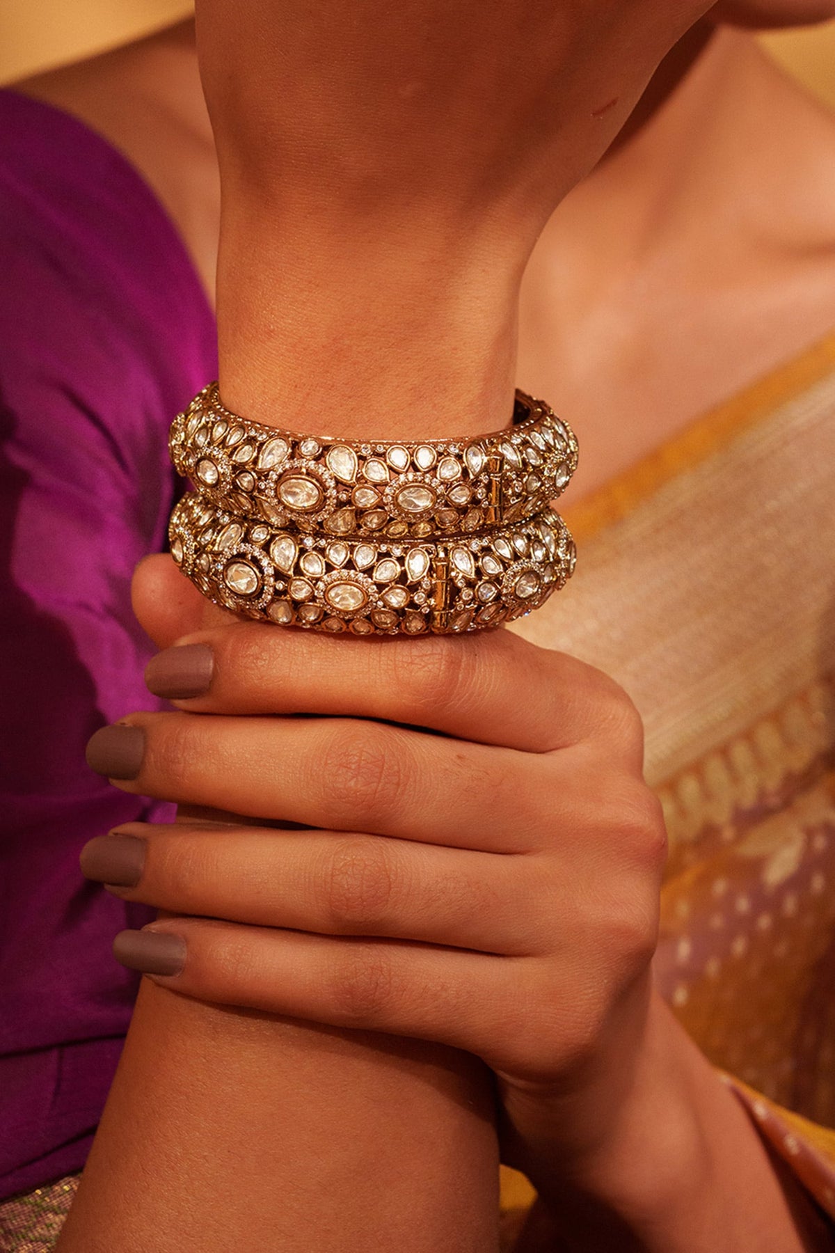 Gold Kundan Polki Embellished Bangles Set 