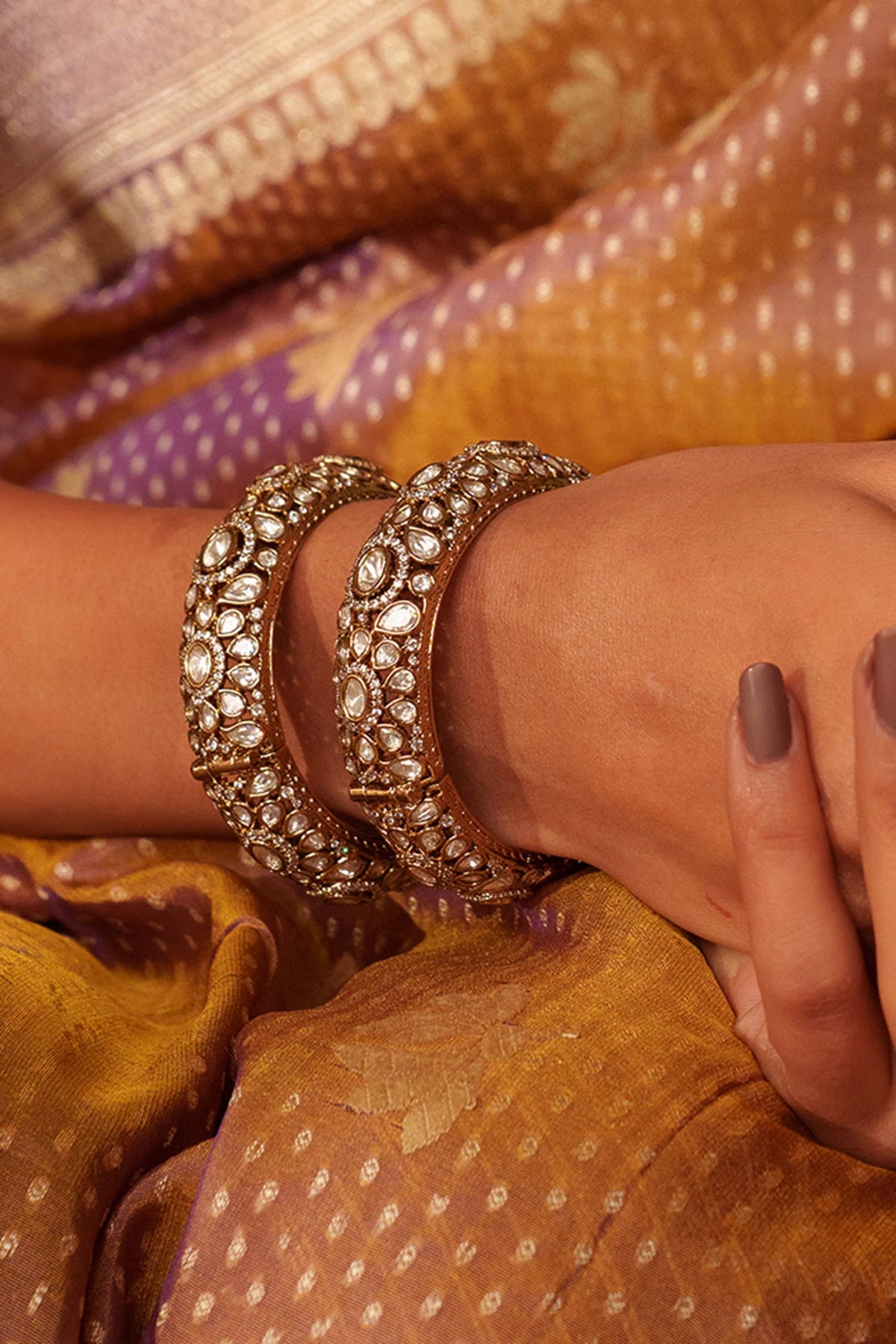 Gold Kundan Polki Embellished Bangles Set 
