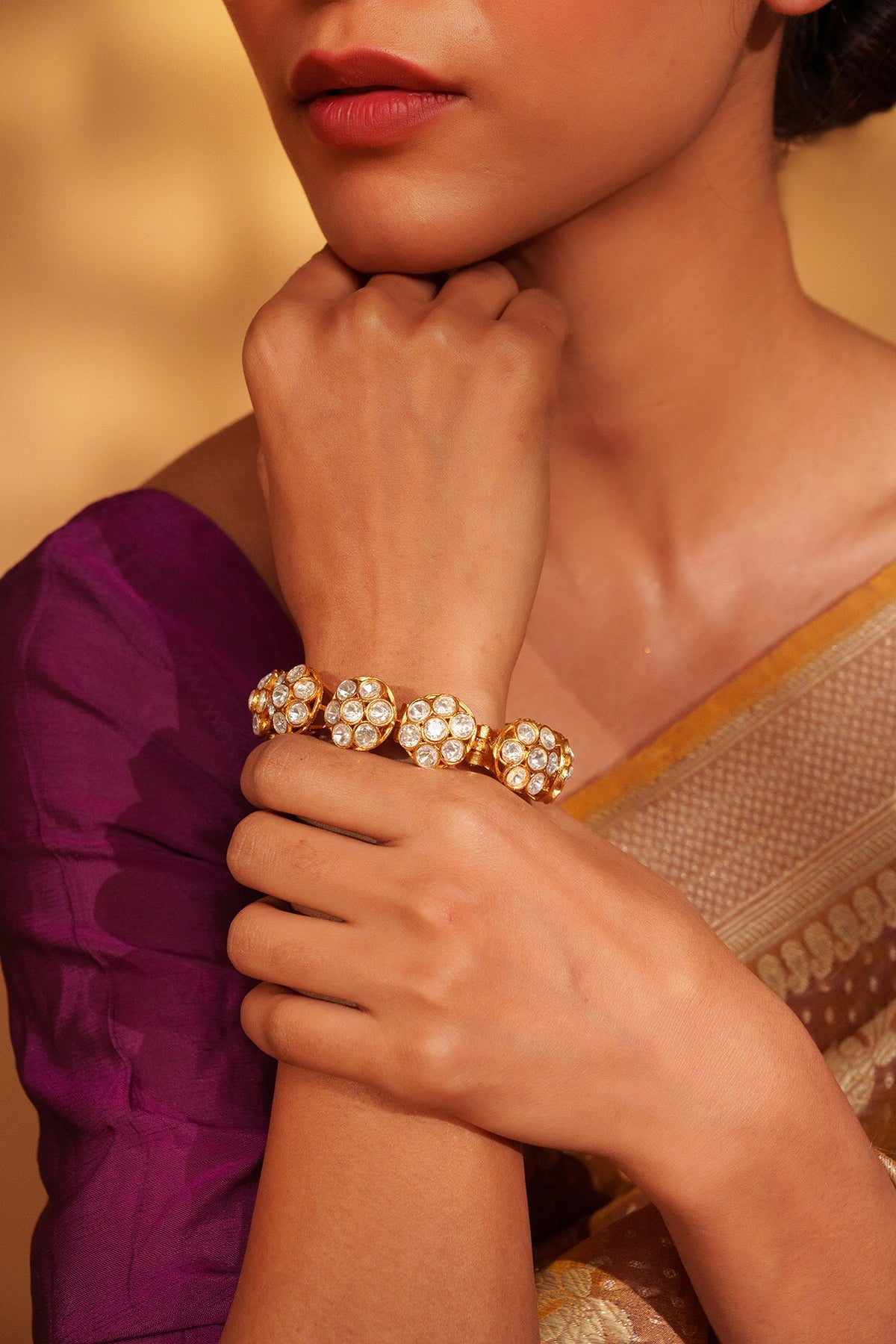 Gold Floral Carved Moissanite Bracelet 