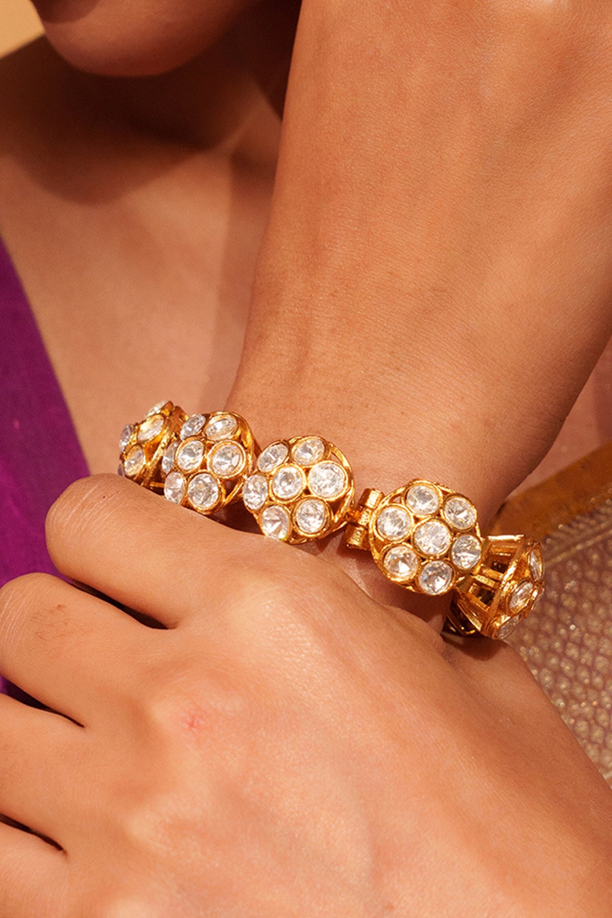 Gold Floral Carved Moissanite Bracelet 
