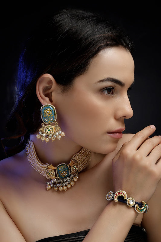 Blue & Cream Floral Kundan Choker 
