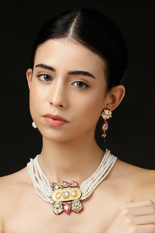 Peach Kundan Pearl Embellished Choker 