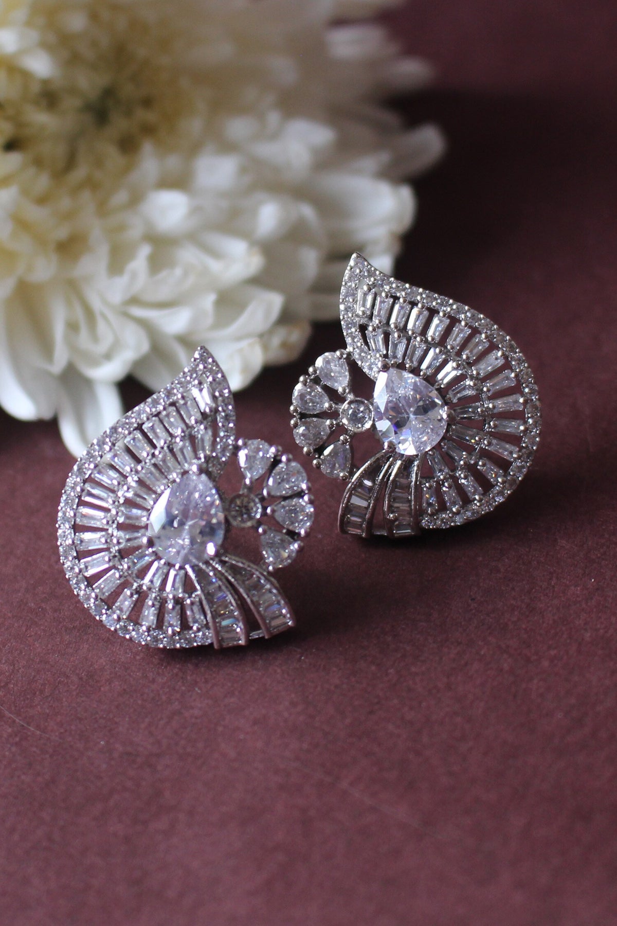Stone Embellished Silver Stud Earrings 