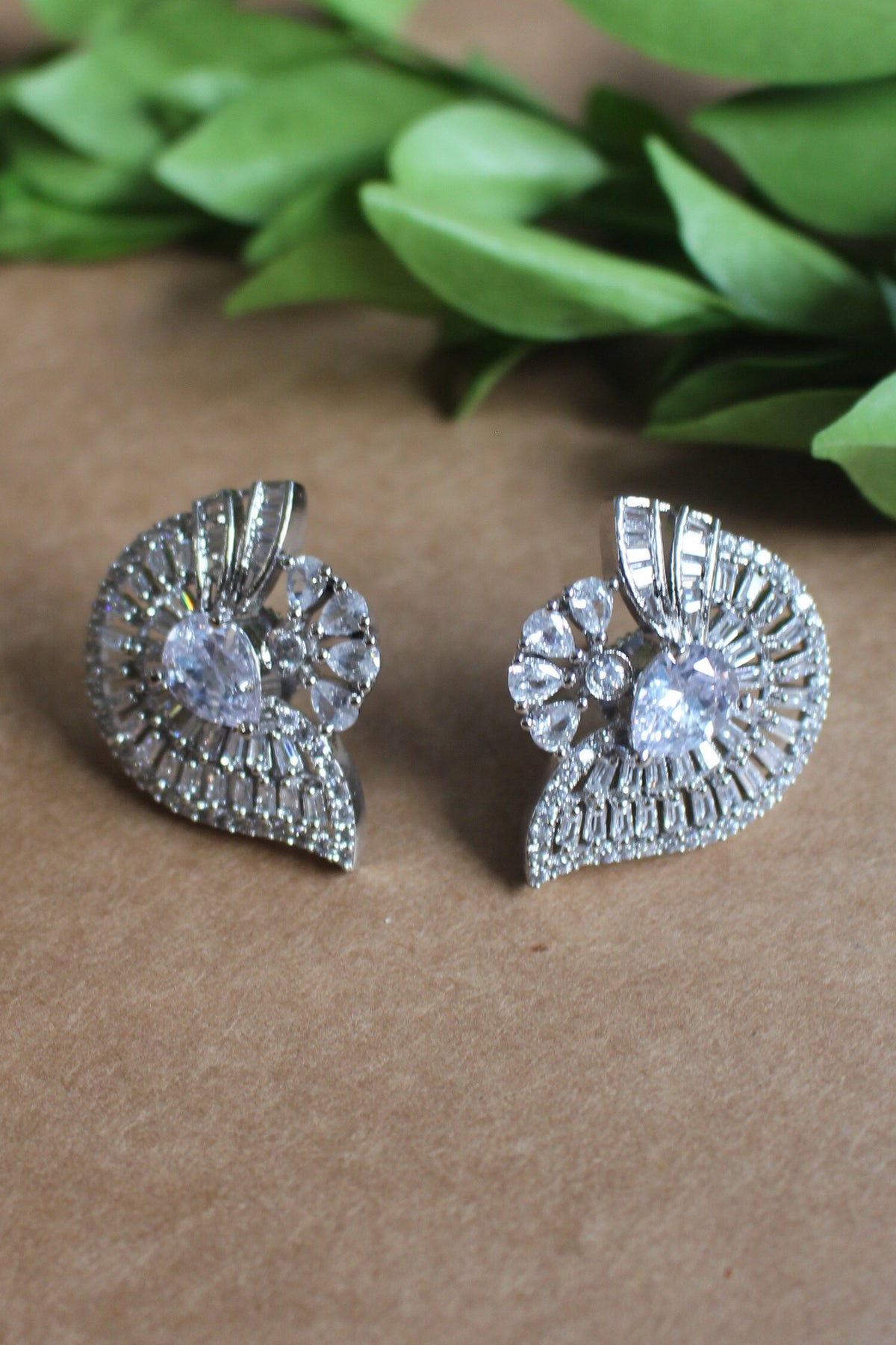 Stone Embellished Silver Stud Earrings 