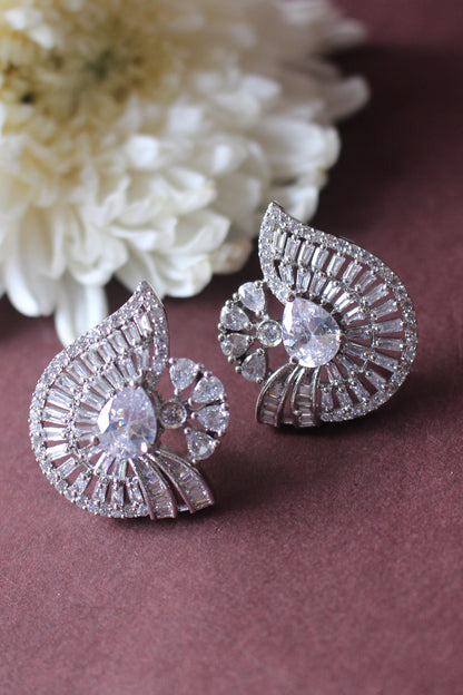Stone Embellished Silver Stud Earrings 
