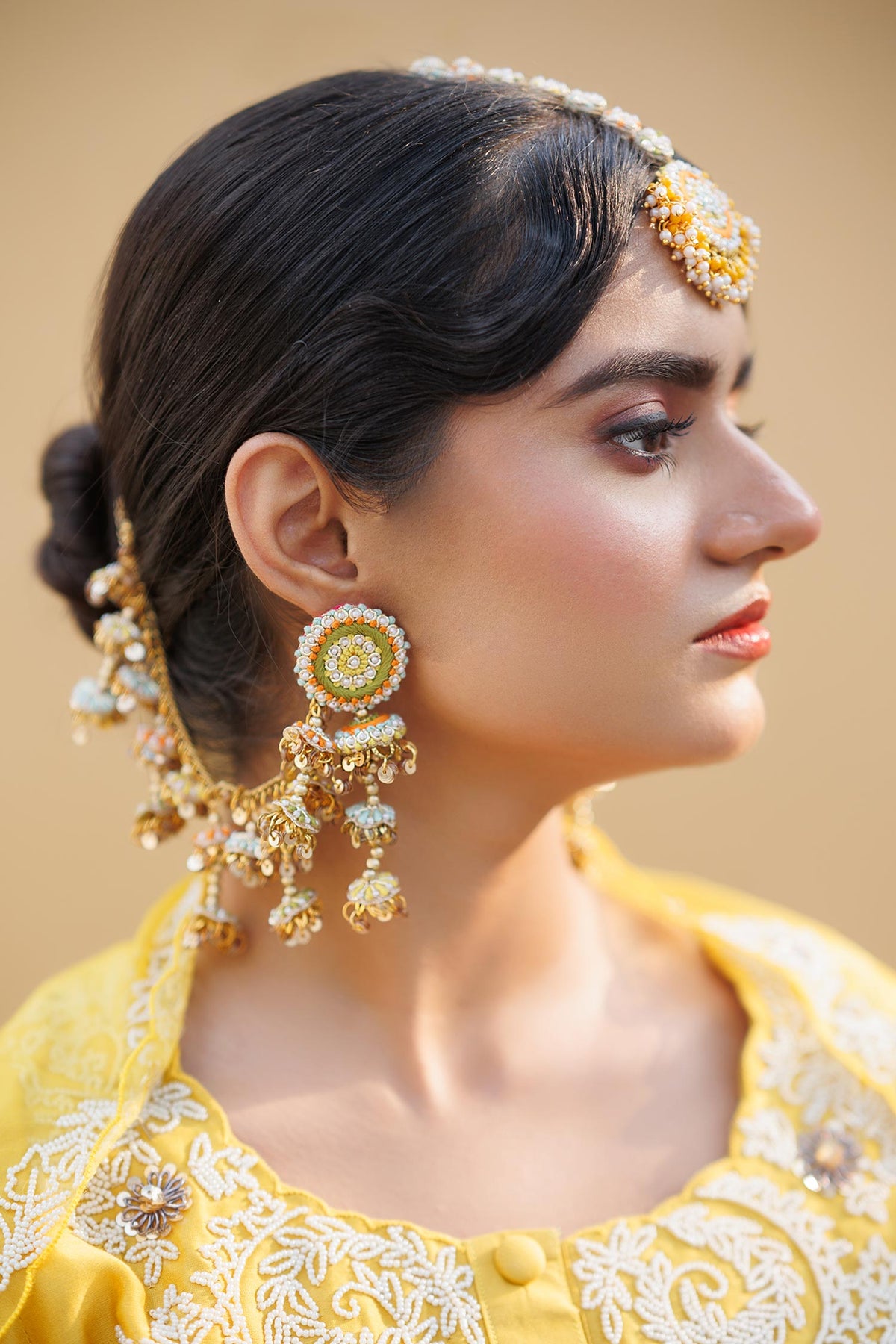Gold Toned Multicolor Embroidered Earrings 