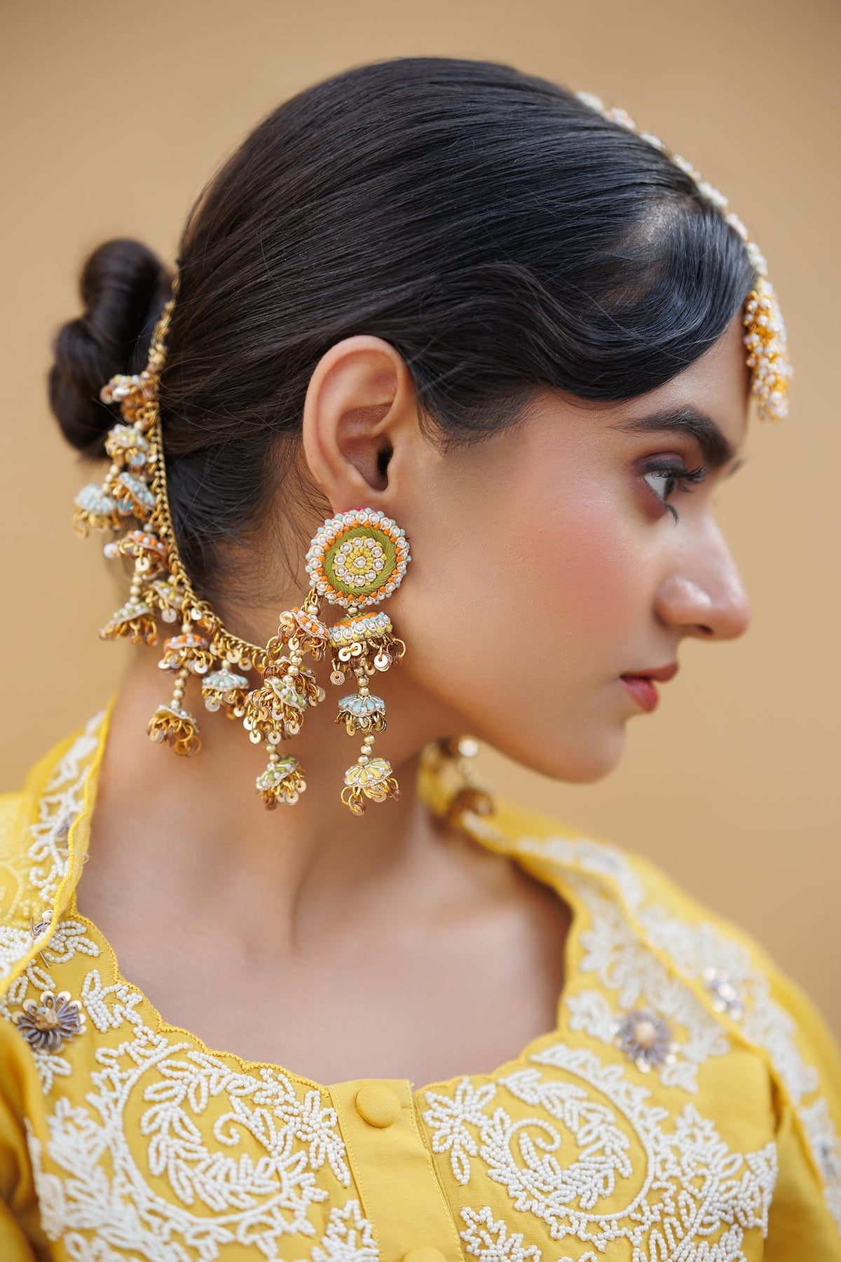Gold Toned Multicolor Embroidered Earrings 