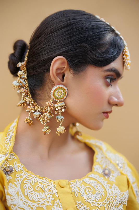 Gold Toned Multicolor Embroidered Earrings 