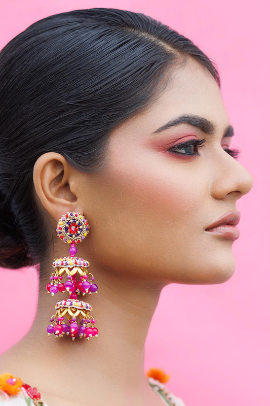 Multicolor Bead Embroidered Jhumka Earrings 