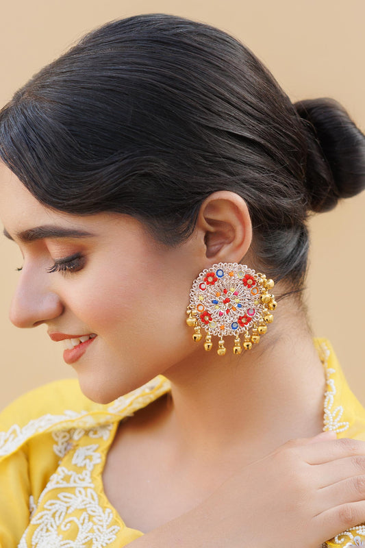 Gold Toned Multicolor Mirror Embroidered Earrings 