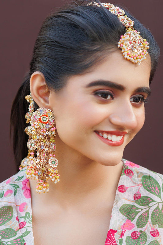 Gold Toned Multicolor Embroidered Earrings 