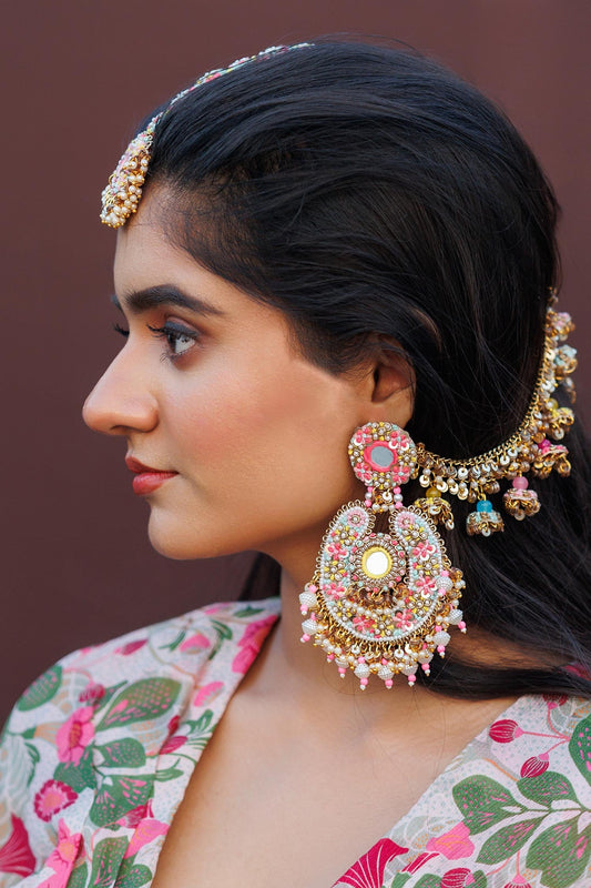 Mirror Embroidered Gold Toned Chandbali Earrings 