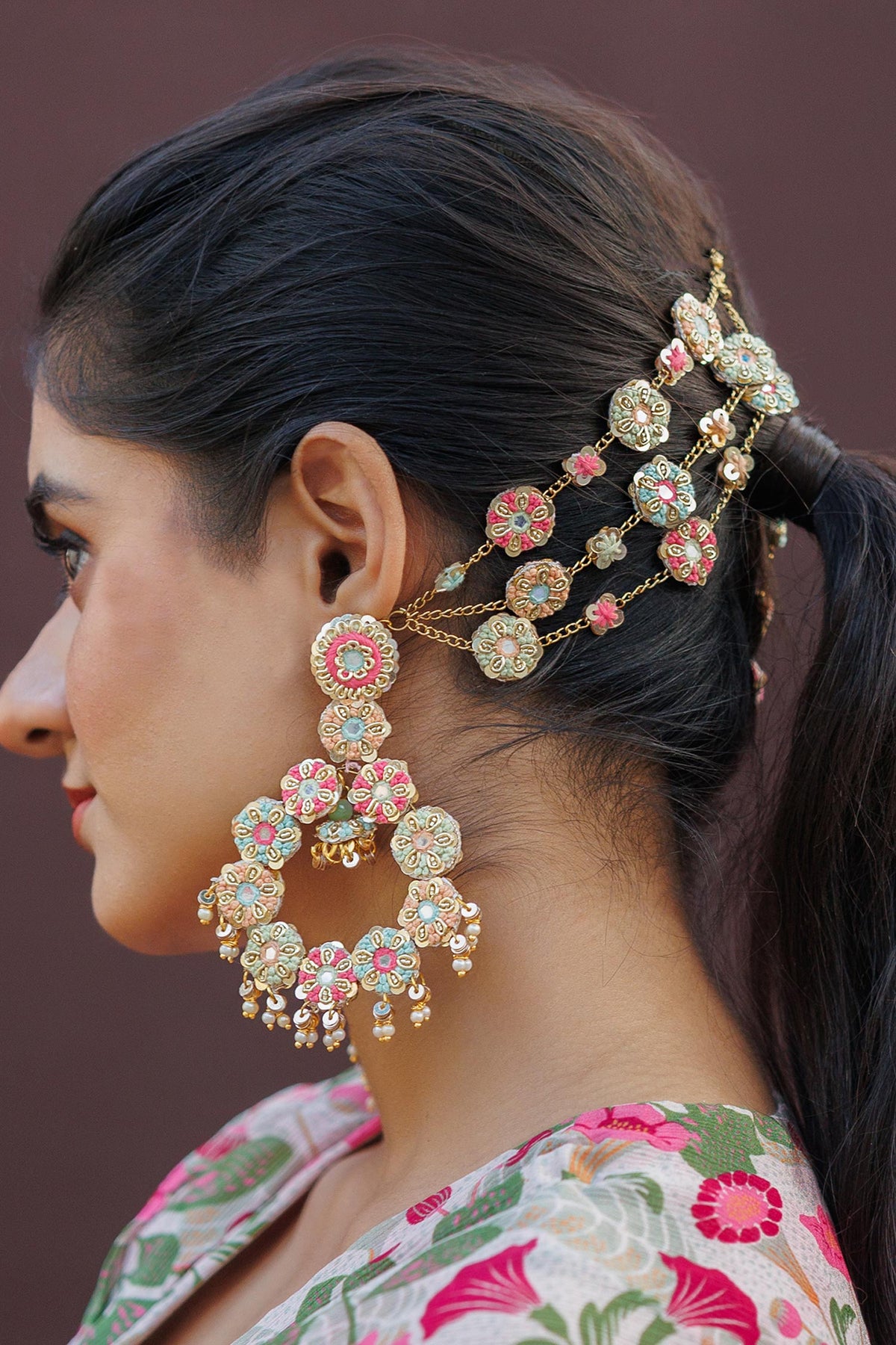 Gold Toned Multicolor Embroidered Chandbalis 