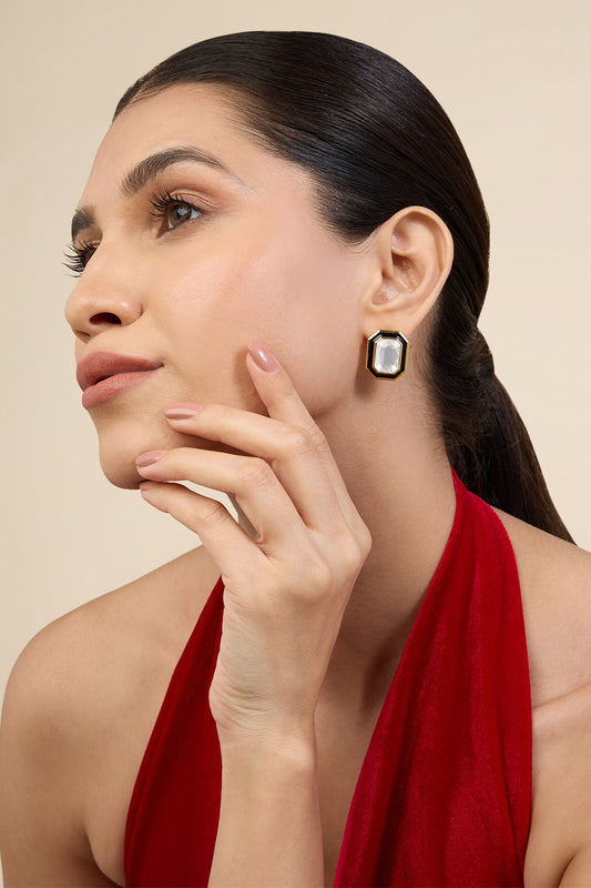 Crystal Enamel Gold Stud Earrings 