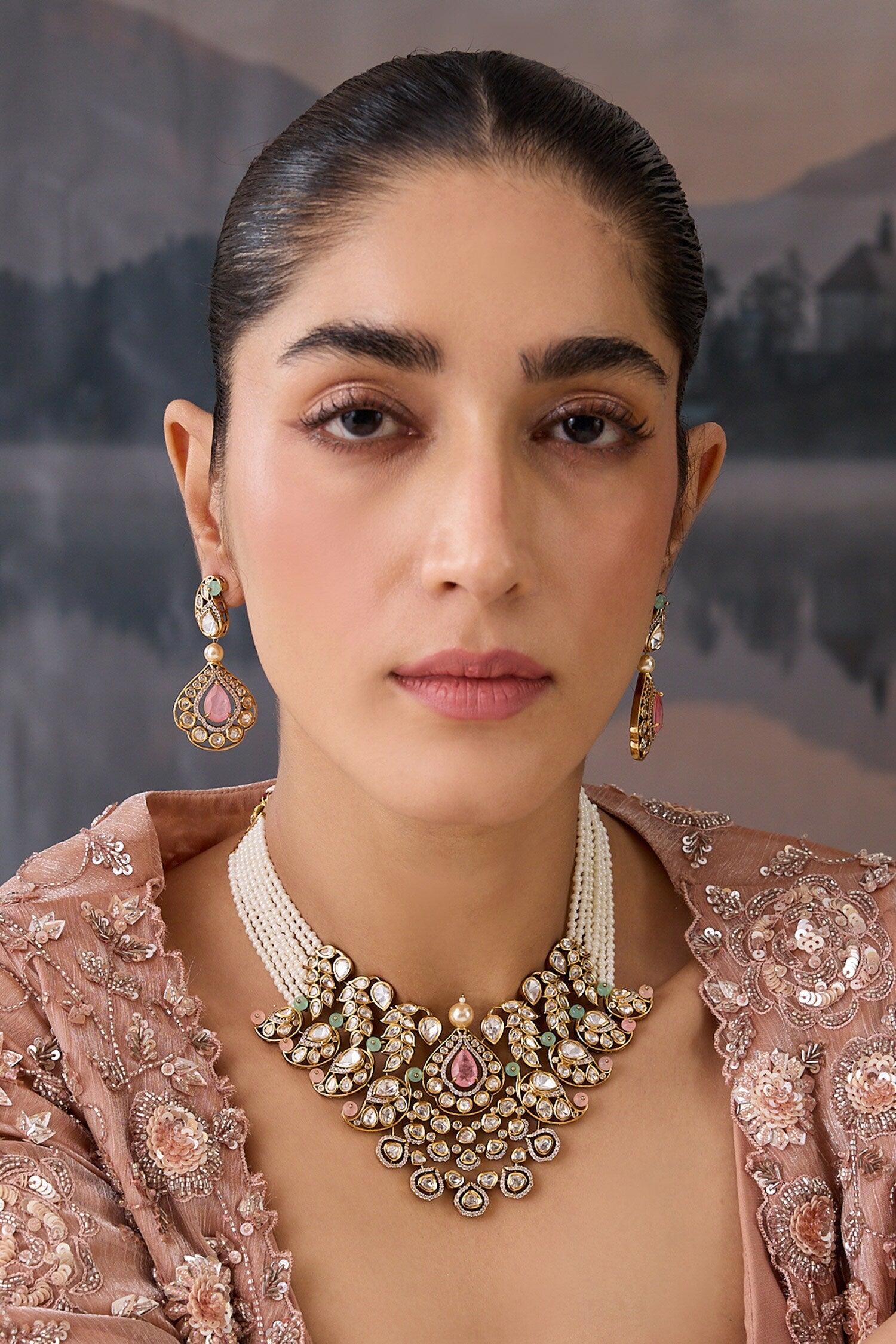 Layered Necklace Set with Earrings 