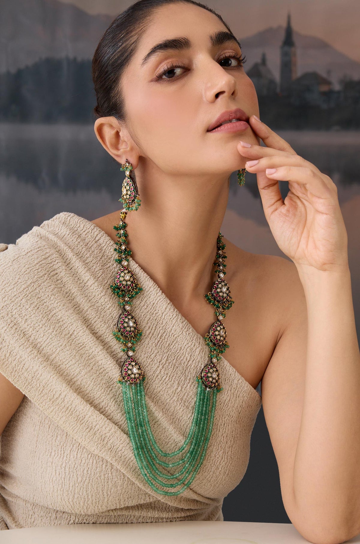 Polki Bead Layered Necklace & Earring Set 