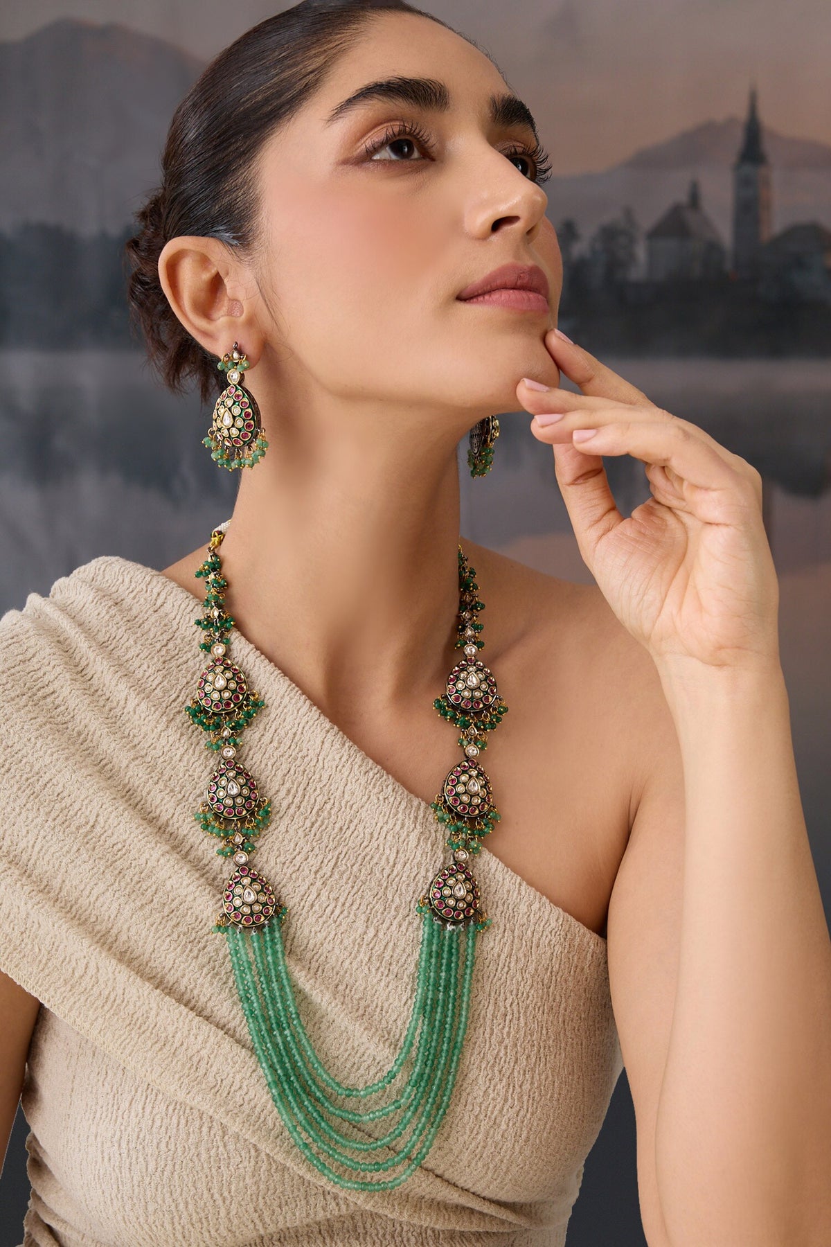 Polki Bead Layered Necklace & Earring Set 