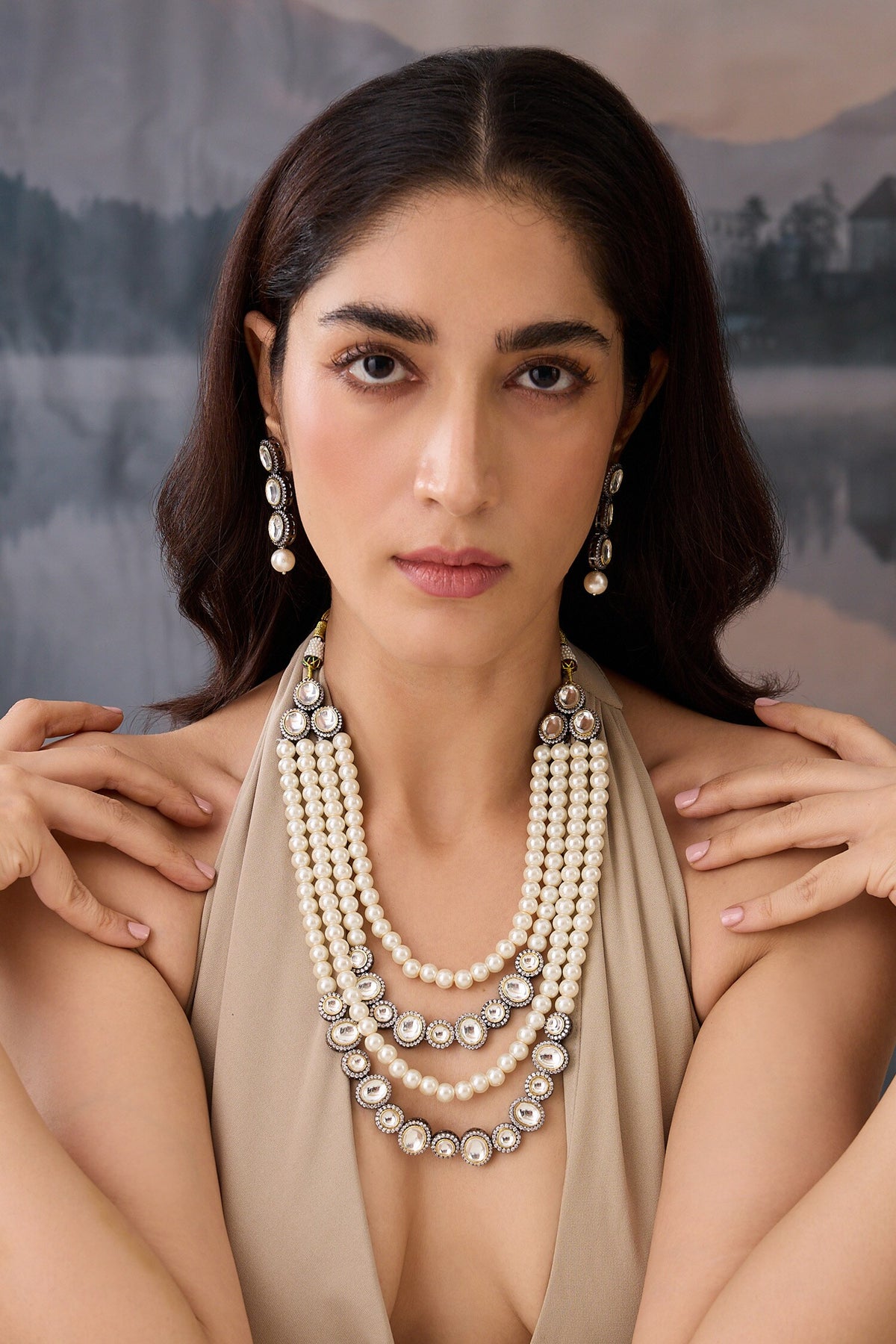 Layered Polki Pearl Necklace Set 