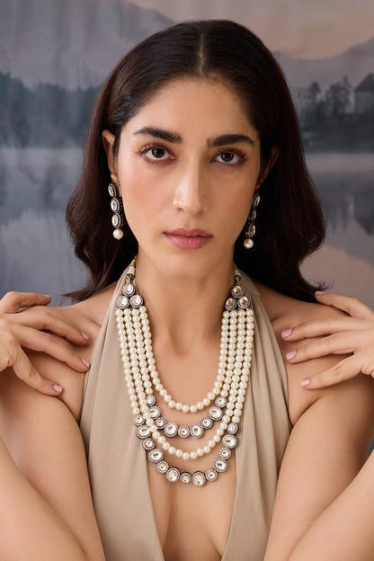 Layered Polki Pearl Necklace Set 