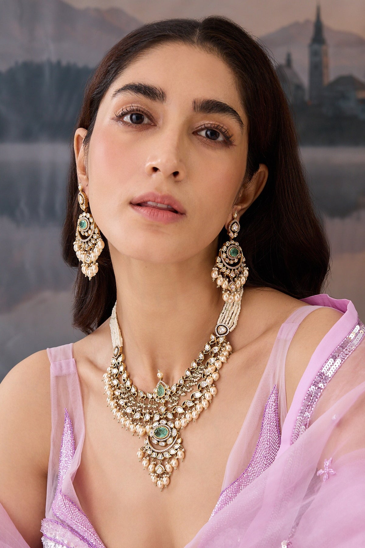 Polki Embellished Green Necklace Set 