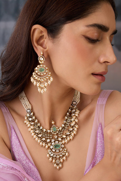 Polki Embellished Green Necklace Set 