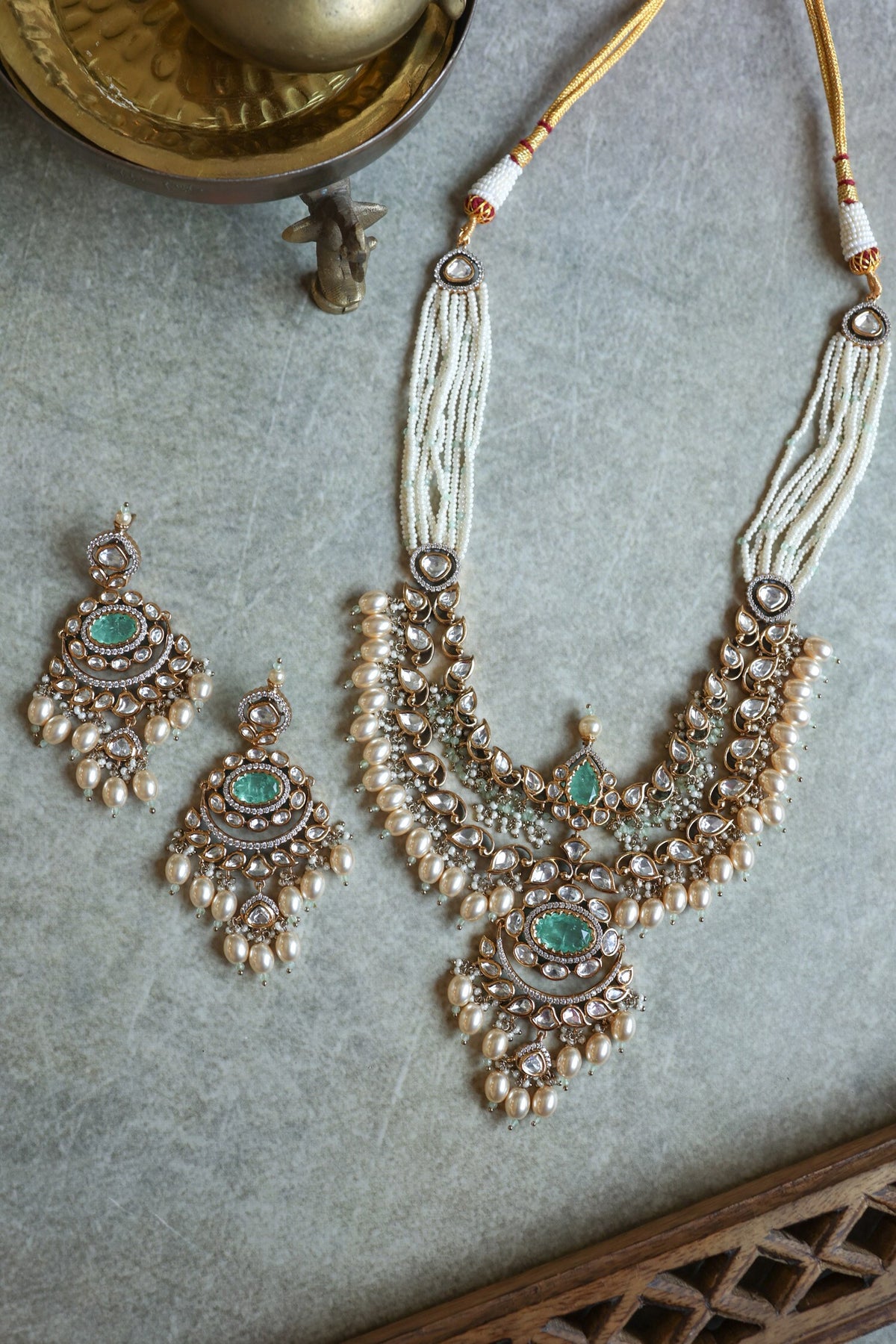 Polki Embellished Green Necklace Set 