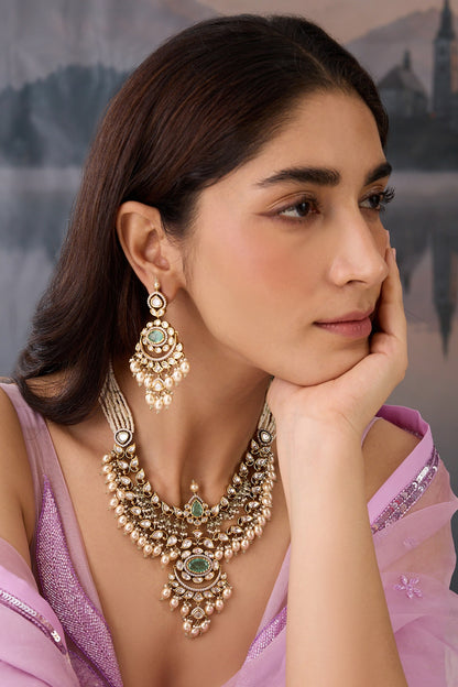 Polki Embellished Green Necklace Set 