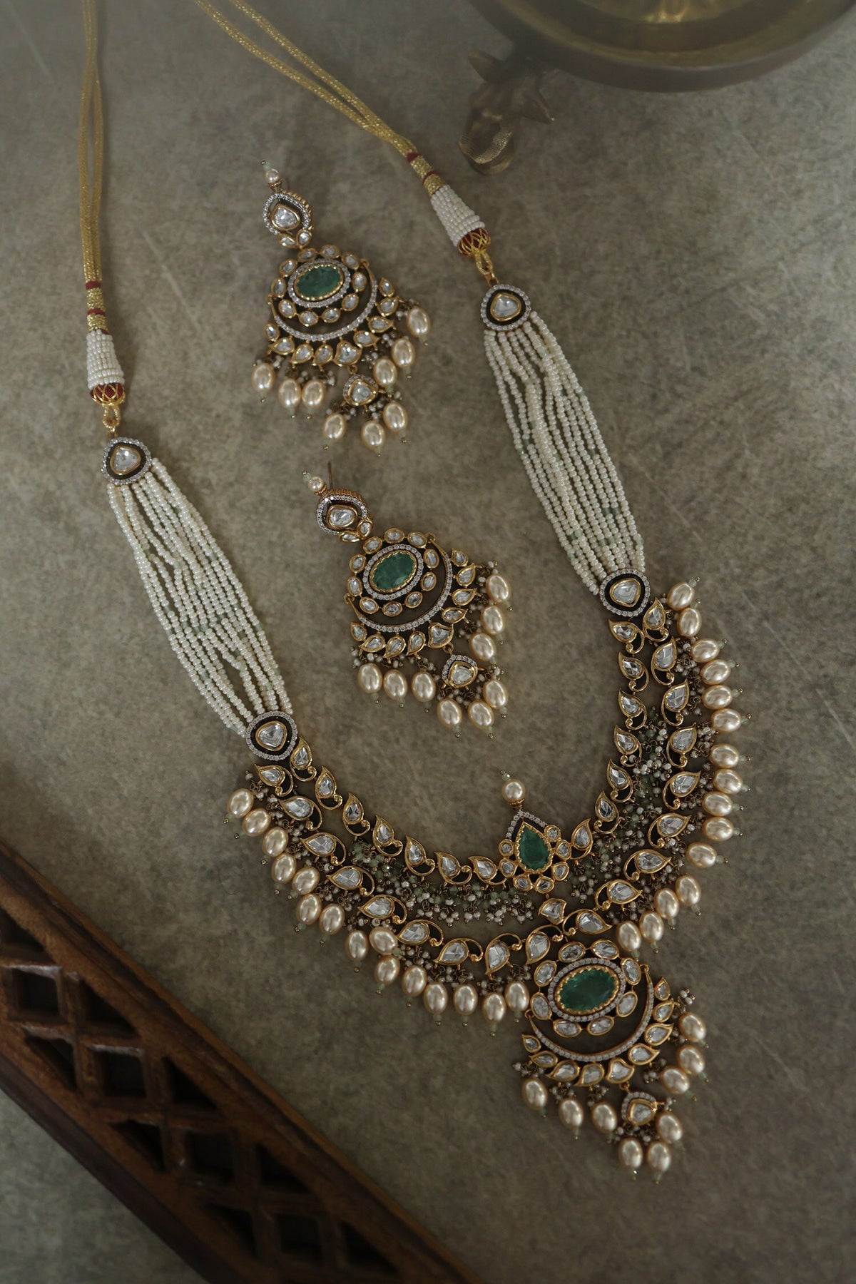 Polki Embellished Green Necklace Set 