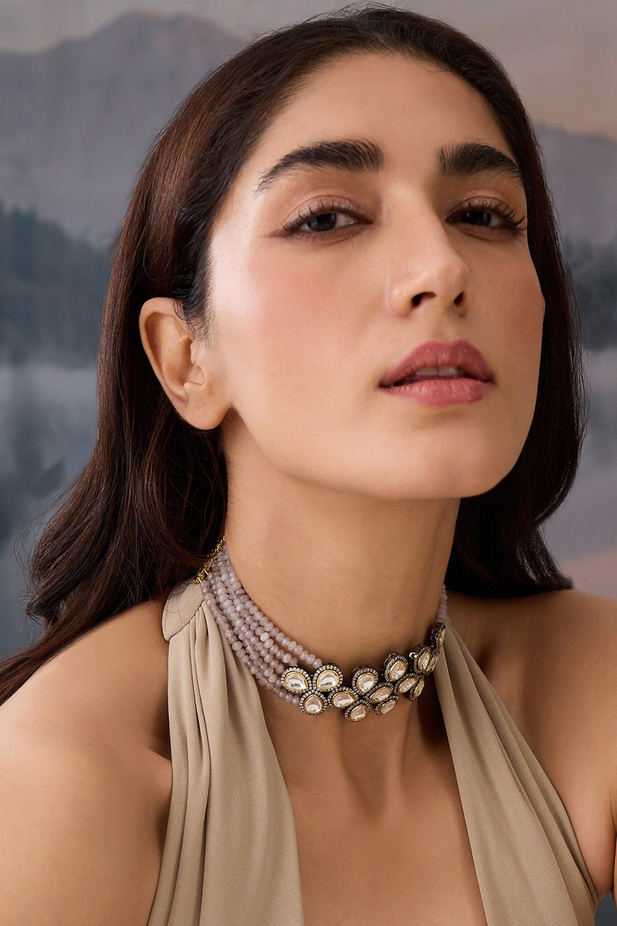 Polki Embellished Grey Onyx Layered Choker 