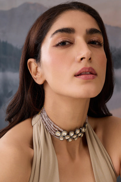 Polki Embellished Grey Onyx Layered Choker 