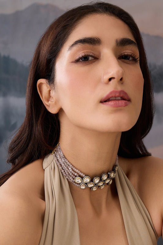 Polki Embellished Grey Onyx Layered Choker 