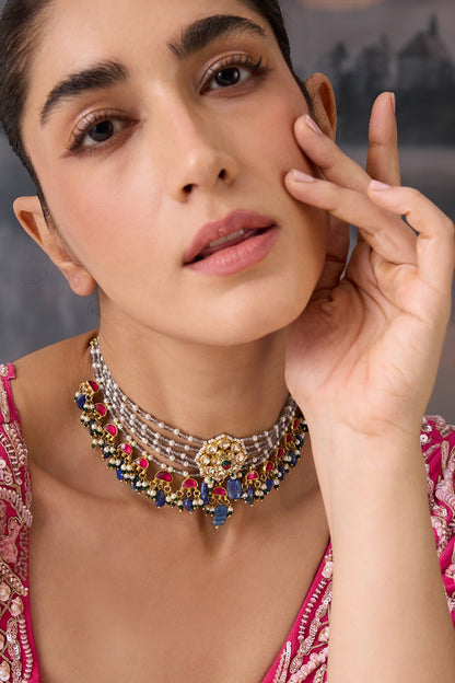 Floral Layered Blue Stone Choker 