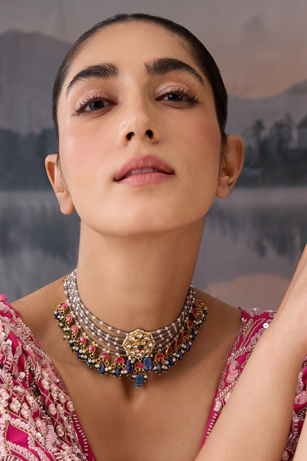 Floral Layered Blue Stone Choker 