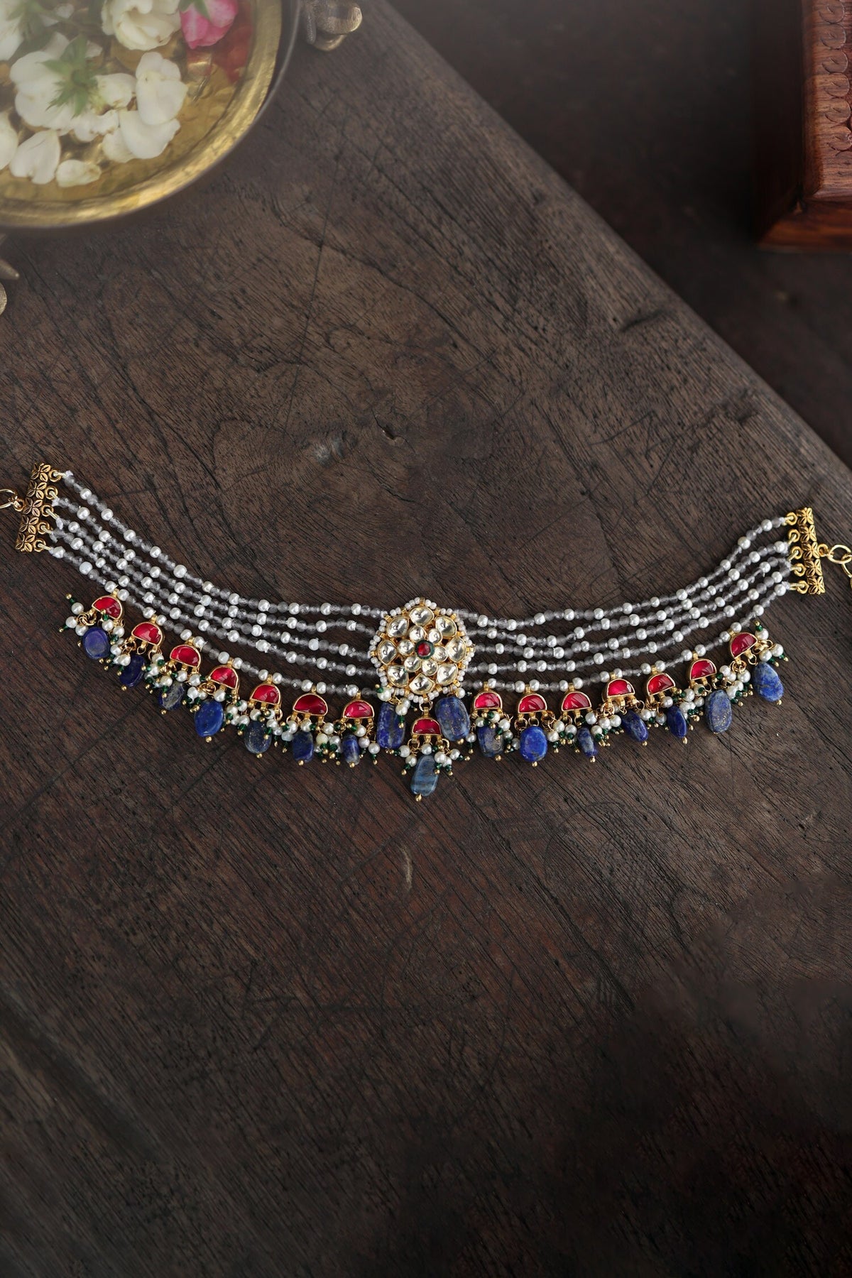 Floral Layered Blue Stone Choker 