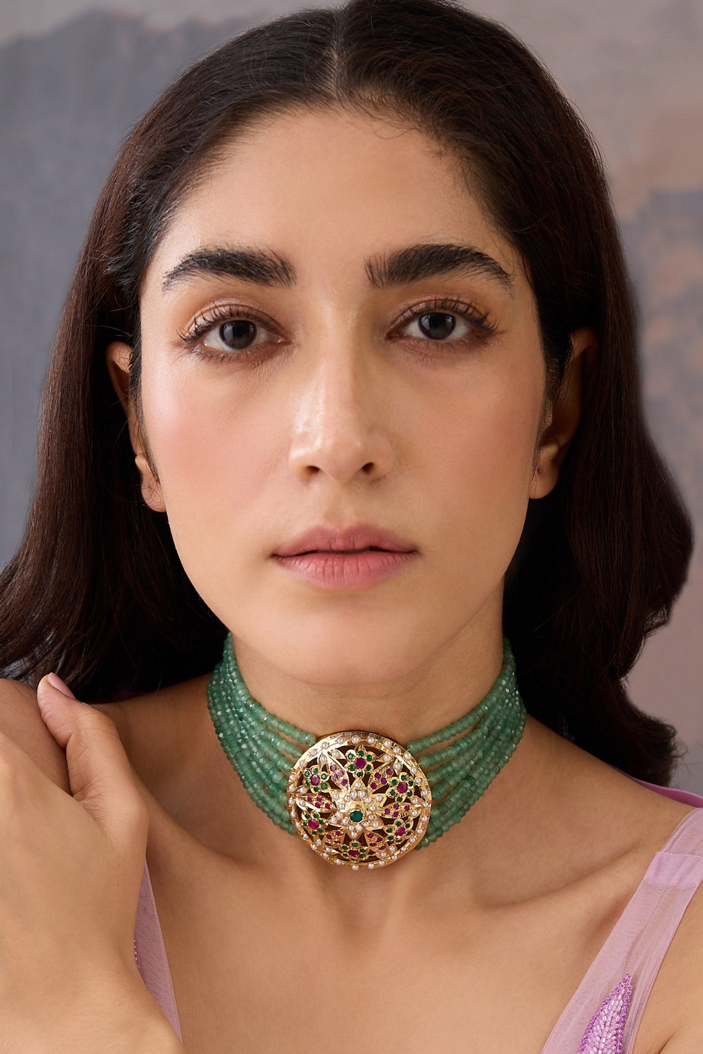 Floral Cutwork Choker with Garnet Stone 