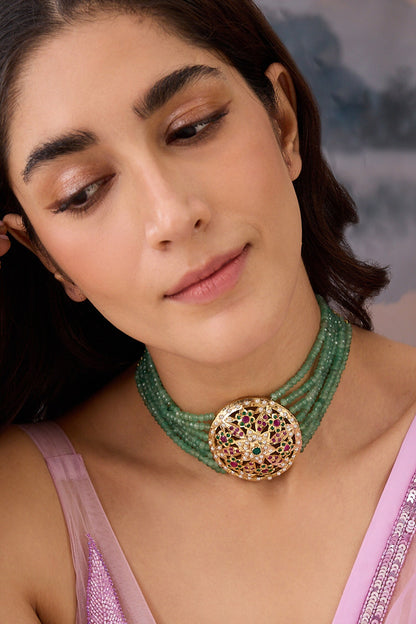 Floral Cutwork Choker with Garnet Stone 