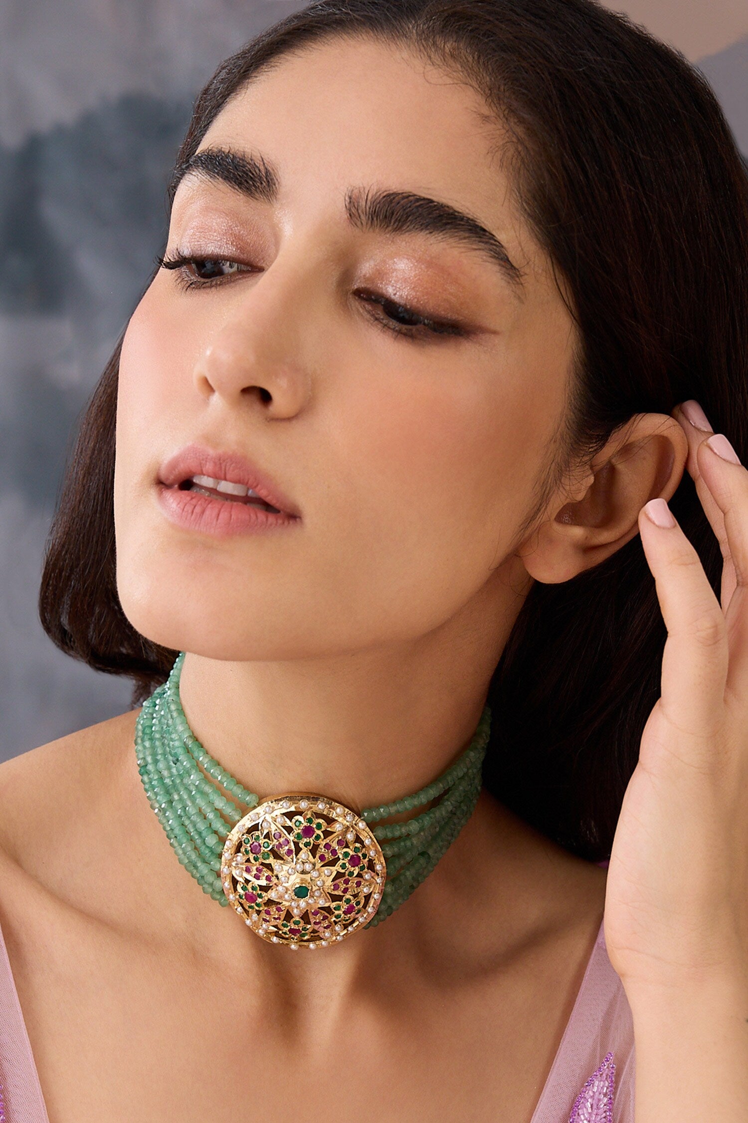 Floral Cutwork Choker with Garnet Stone 