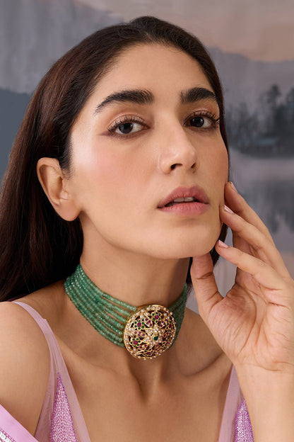 Floral Cutwork Choker with Garnet Stone 