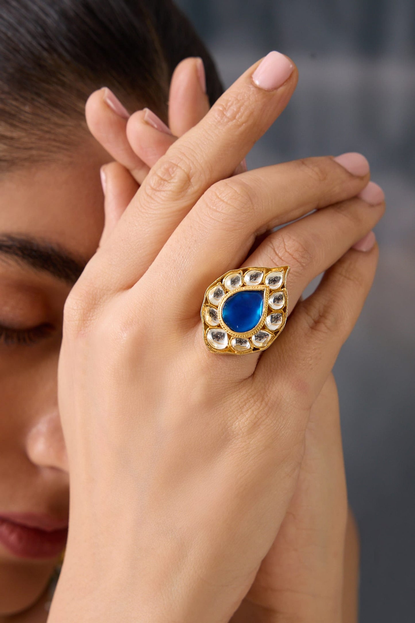 Kundan Blue Stone Adjustable Ring 