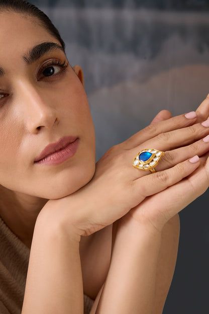 Kundan Blue Stone Adjustable Ring 