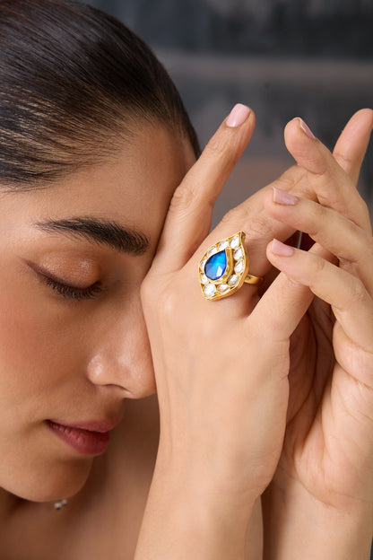 Kundan Blue Stone Adjustable Ring 