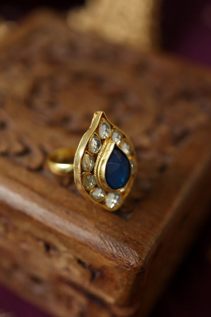 Kundan Blue Stone Adjustable Ring 