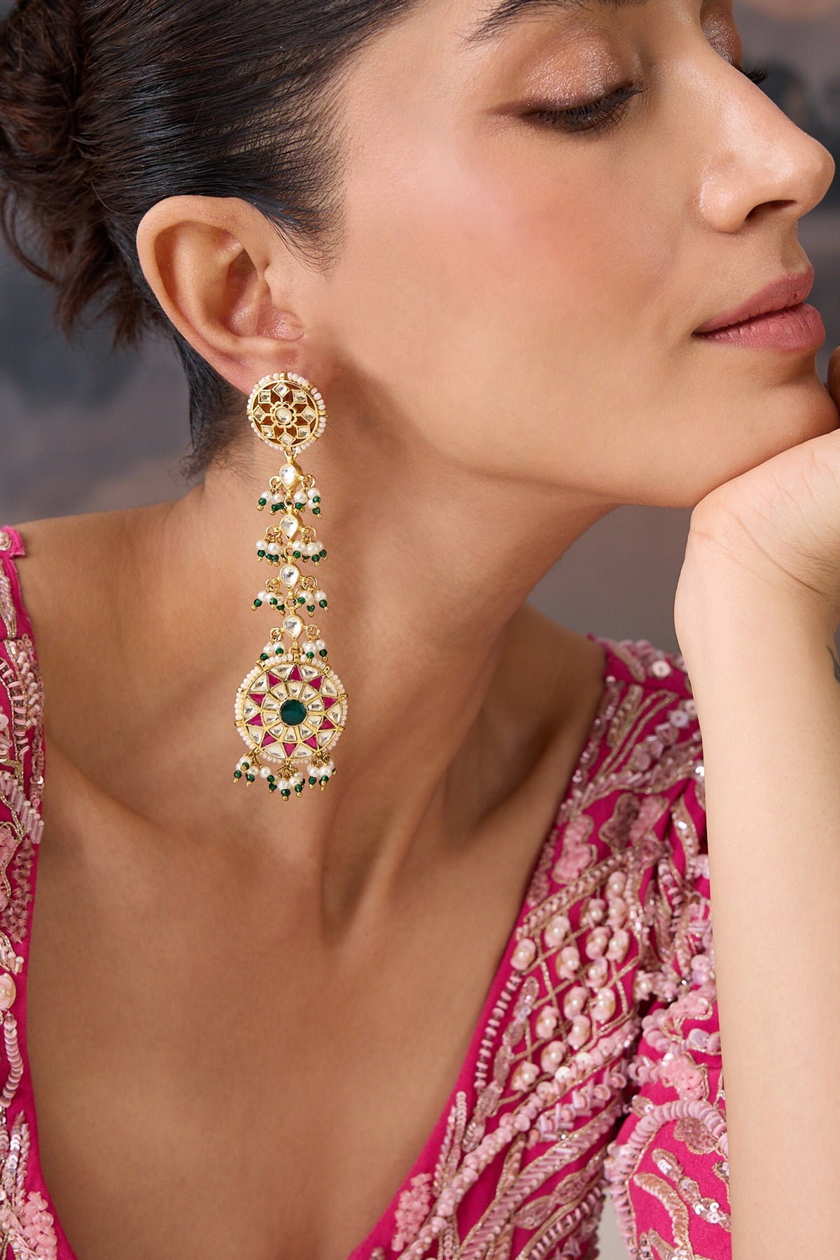 Kundan Pearl Drop Long Earrings 