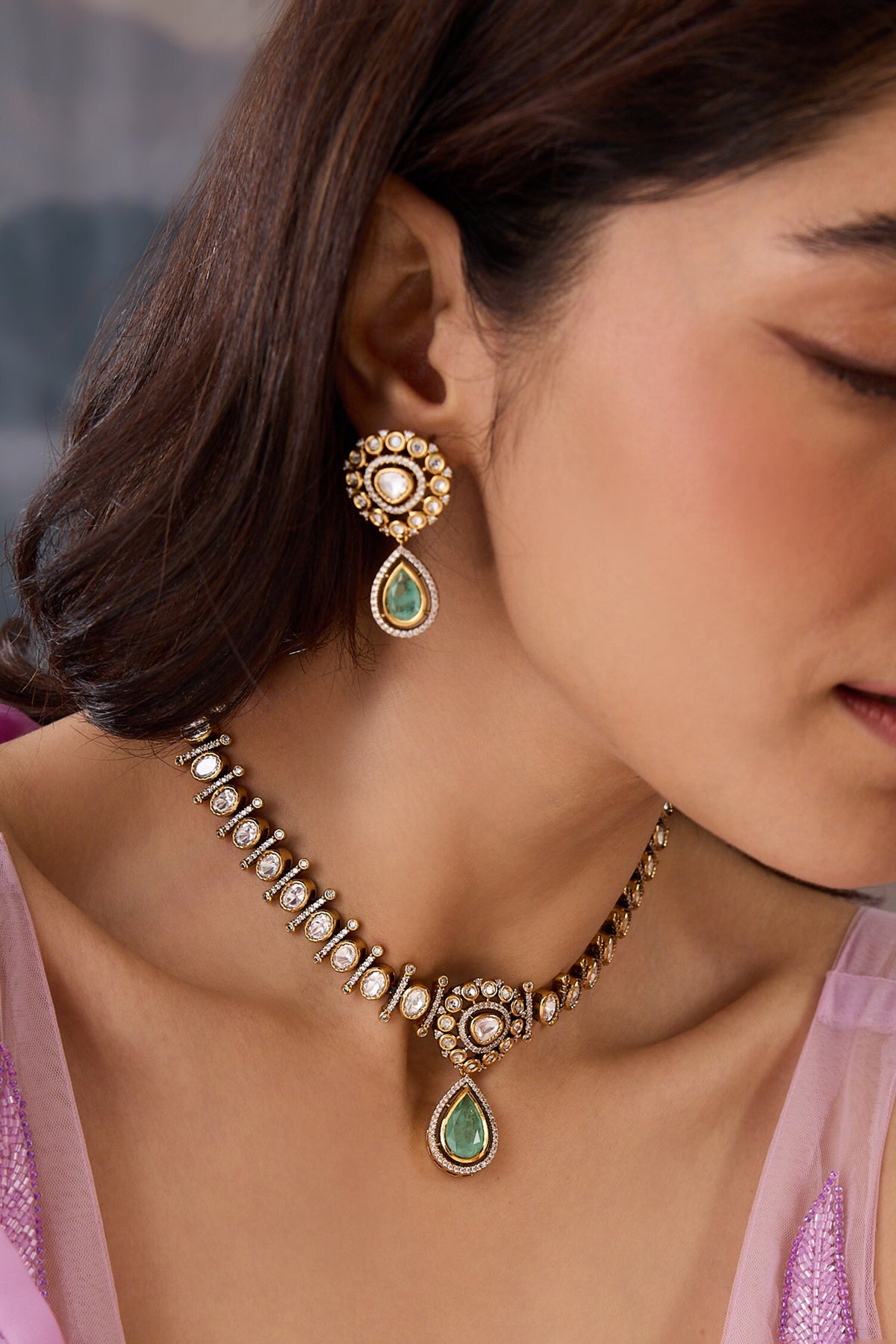 Polki Studded Pendant Necklace Set 