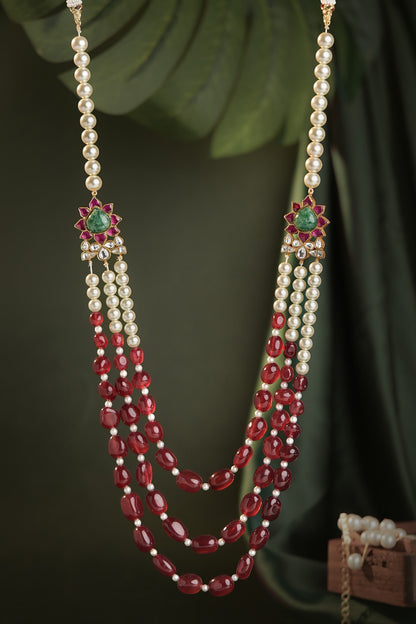 Layered Red Bead & Pearl Necklace 