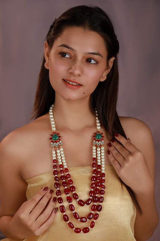 Layered Red Bead & Pearl Necklace 