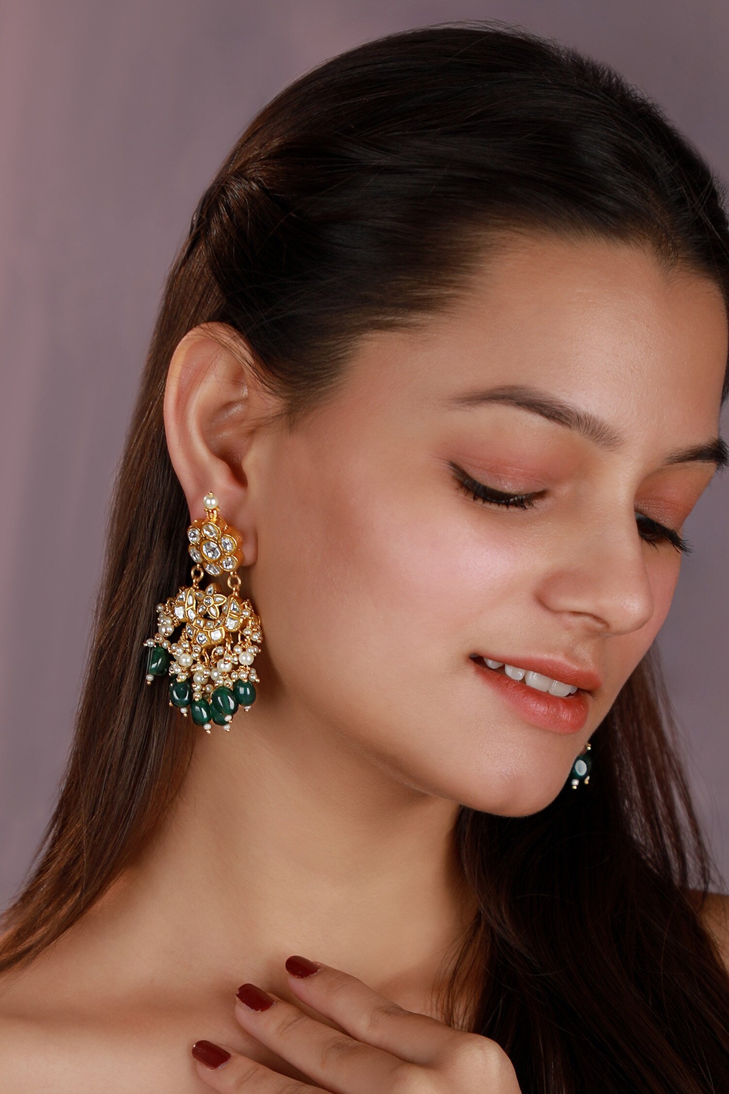 Jadtar Stone Green Bead Earrings 
