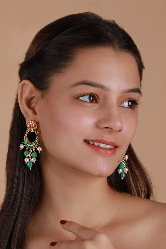 Green & Pink Stone Embellished Earrings 