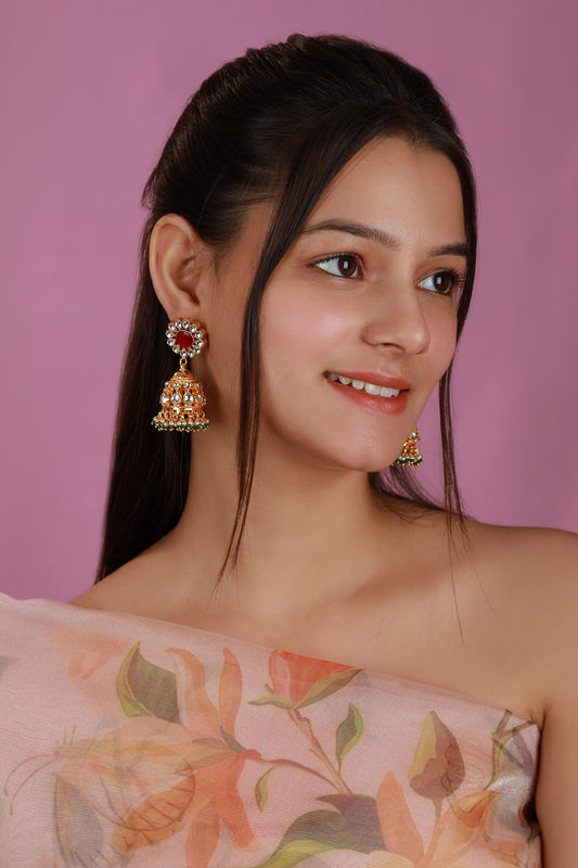 Pink Jadtar Stone Jhumka Earrings 
