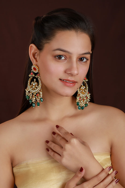 Green Jadtar Stone Chandbali Earrings 